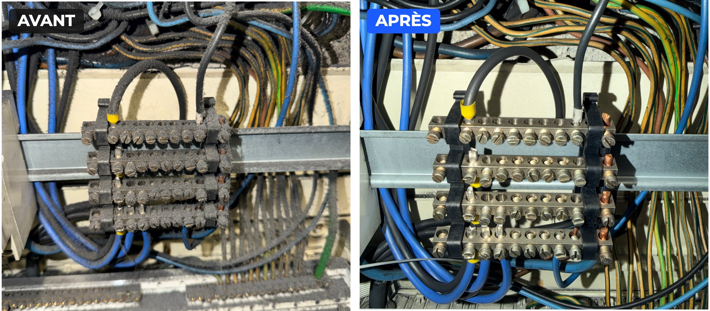 Bornier d’armoire électrique avant et après nettoyage cryogénique par Ice Clean